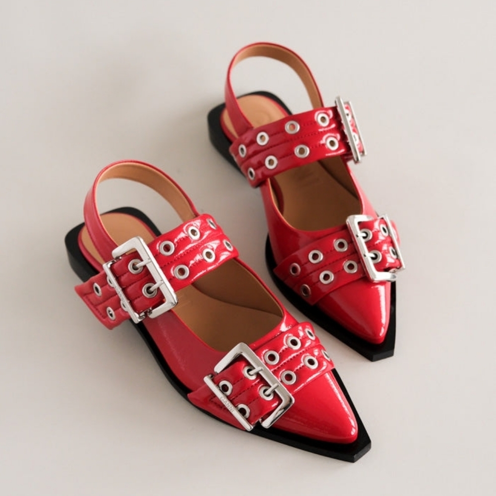 Ganni Chunky Buckle Ballerina Racing Red Slingback Flats / Sandals - Picture 3 of 13
